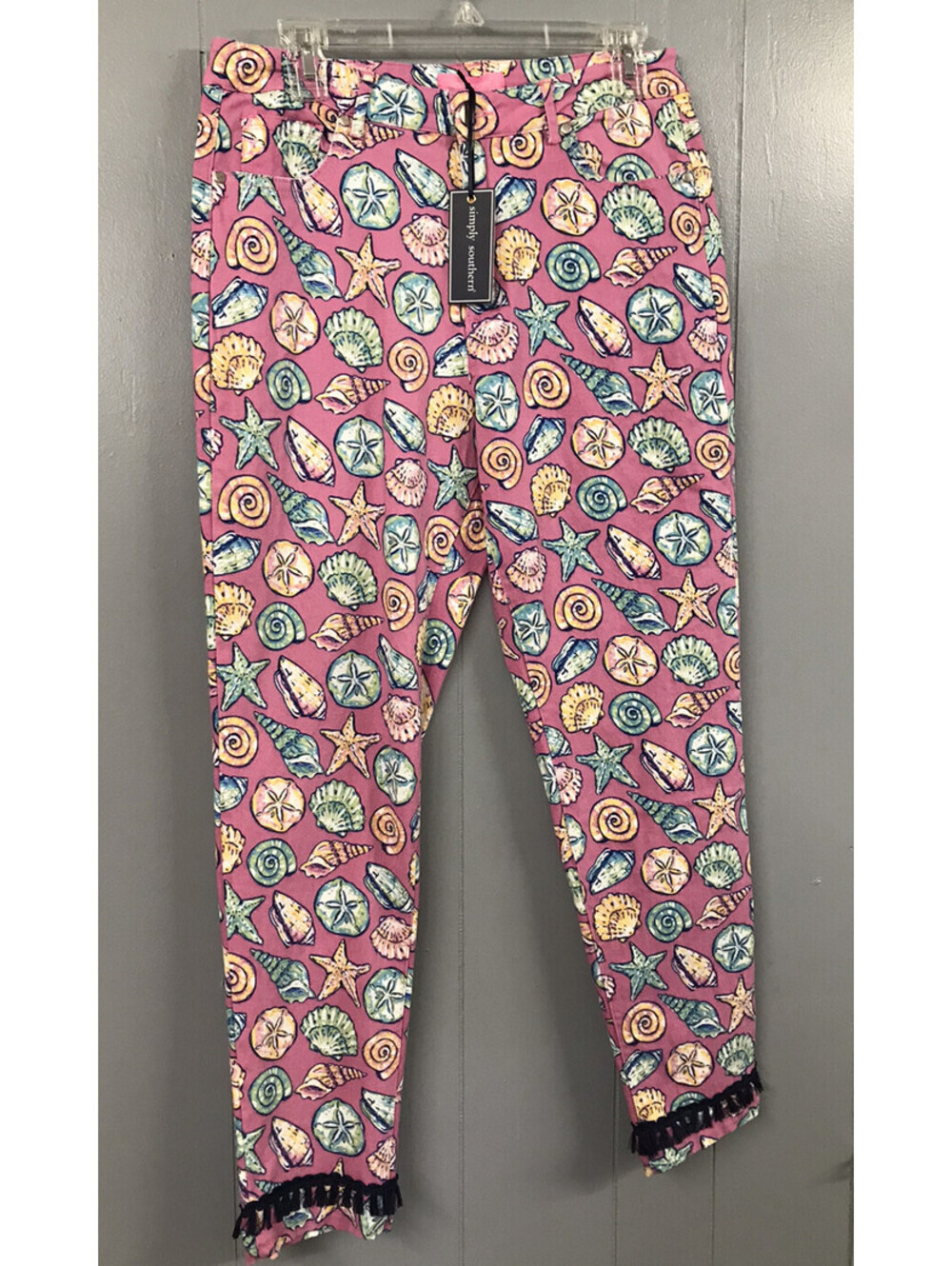 Simply Southern Pants.  Pink With Seashells. Fringe On Leg Ends. Size Med.   NWT